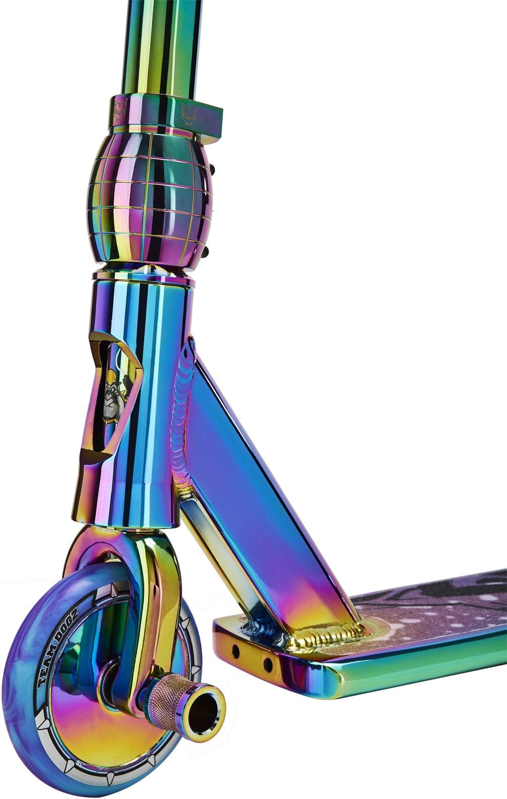 Team Dogz Pro 4 Evo Neochrome Kids 360 Stunt Scooter In Neo Chrome Rainbow, Blue, or Gold with Optional Stunt Pegs