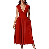 YMDUCH Women's Casual Deep V Neck Cap Sleeve Back Tie A-Line Swing Midi Dress with Pockets