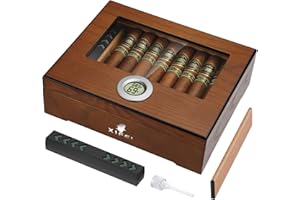 XIFEI Cigar Humidor, Cedar Wood Desktop Humidors with Digital Hygrometer, Humidifier & Divider, Cigar Gift for Men, Glass Top Cigar Humidors Holds 20-35 Cigars