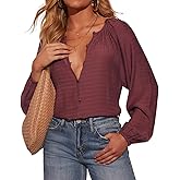 R.Vivimos Fall Summer Tops for Women Long Sleeve Button Up Henley V Neck Casual Loose Dressy Blouses