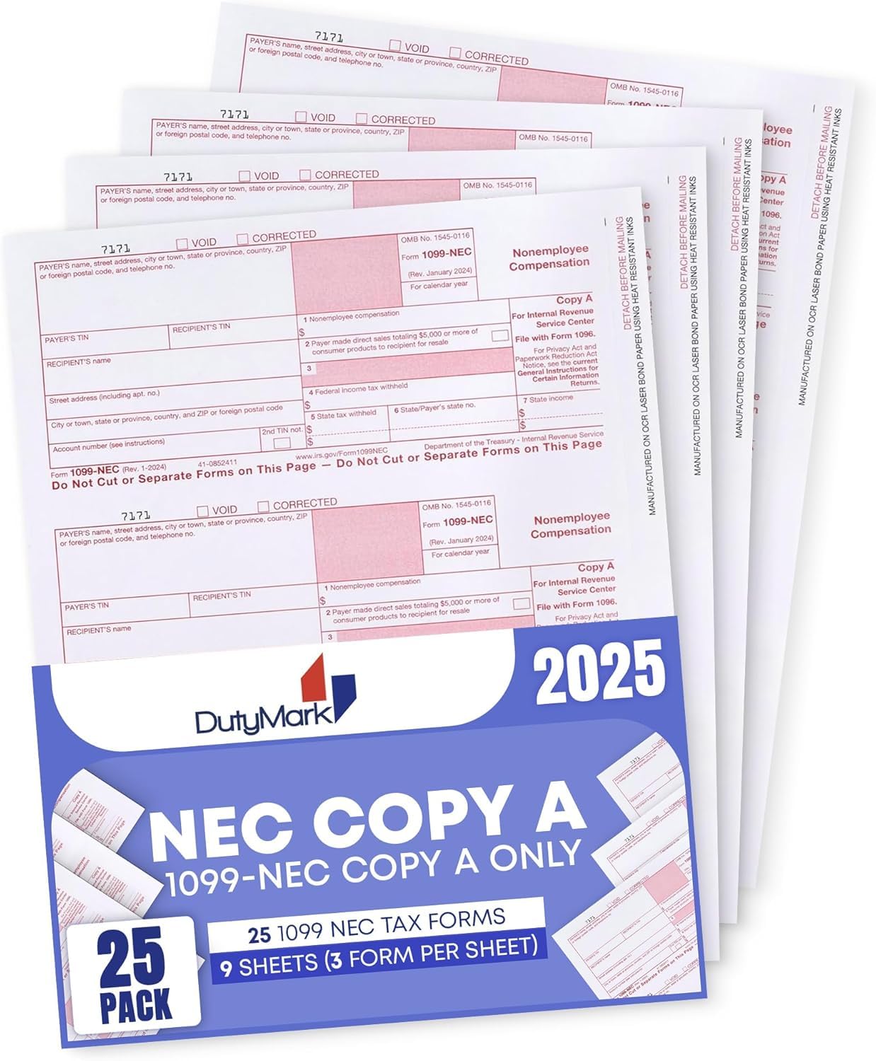 Photo 1 of 1099 NEC Copy A Forms, 25 Federal Income Laser Tax Forms, Use with 2025 1099 NEC Forms, RED Copy A ONLY, 25 forms-9 sheets 2025