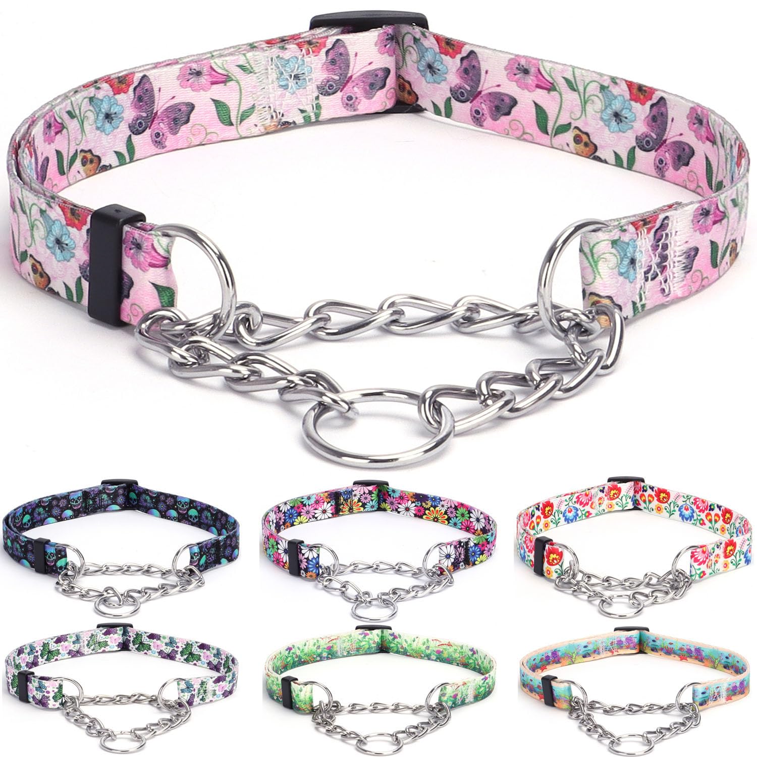 haoyueer Martingale Dog Collar - Stainless Steel Chain, No Pull Training Collar with Flower Design for Large Medium Small Dogs (S, Hornflower)