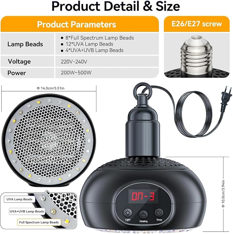Lampade Riscaldanti per Pollaio, Lampada Riscaldante da 200 W-350 W-500 W per Rettili con Luce UVA/UVB 3-6-9-12H Timer, Lampada Riscaldante Portatile per Serre, Rettili, Cani e Gatti