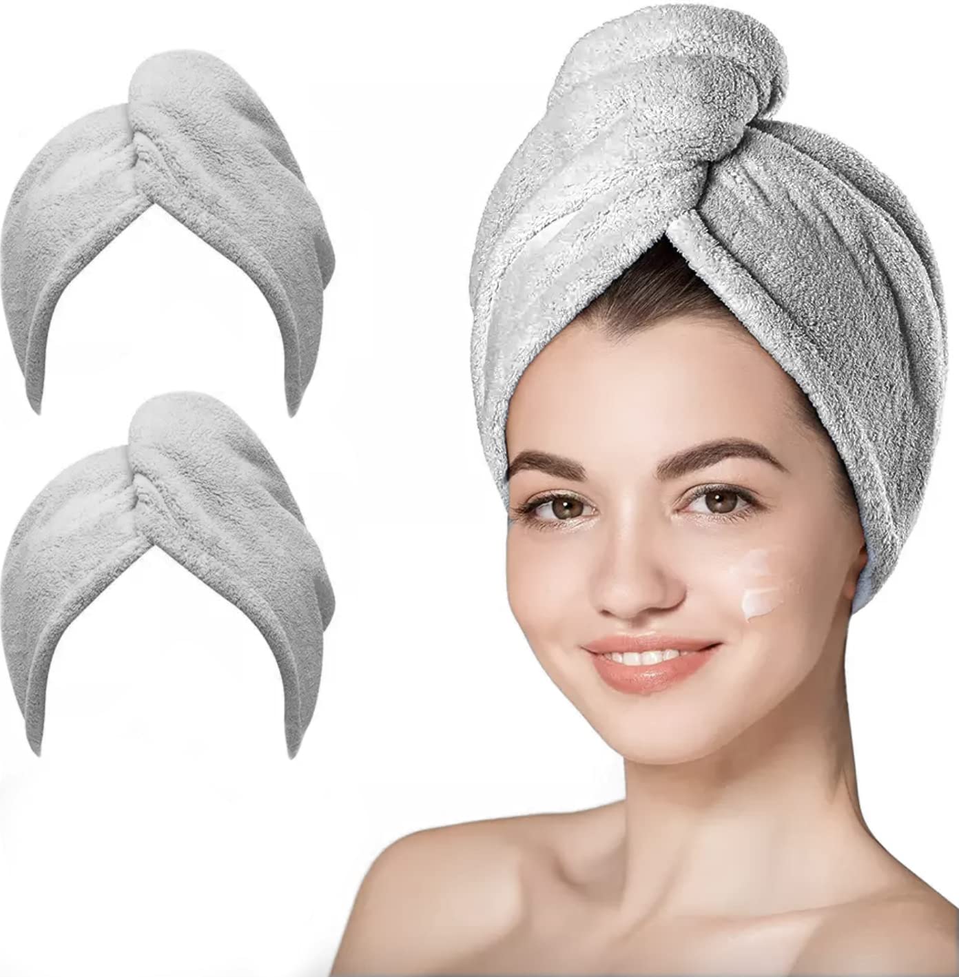 unel Rapid Dry Hair Towel, Microfibre Fast Drying Soft and Anti Frizz Head Towel, Super Absorbent & Soft, 65cm x 25cm (Grey, 2)