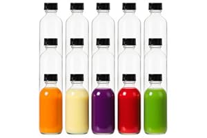 FANSTINOW 2 oz (60ml) 15 Pack Leak-Proof Clear Glass Boston Round Bottles with lids - Mini Travel Containers for Ginger Shots, Juice, Whiskey, Samples | W/Labels, Funnels & Brushes