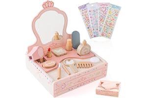 OESSUF Toddler Vanity Wooden Makeup Toy Set for Kids, Princess Vanity Table with Stickers Mirror, Beauty Salon Makeup Accessories for Little Girl, Storage Shelve Girls Gift for Christmas Birthday
