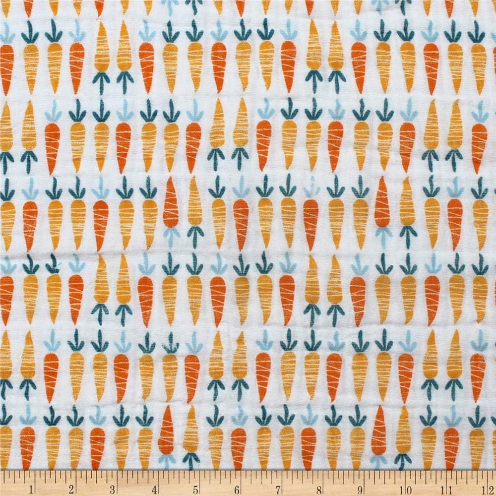 Camelot Fabrics Cluck Moo Oink Carrots Double Gauze White Fabric by the Yard