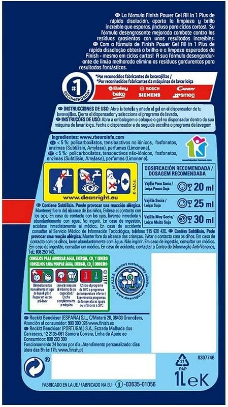 Finish All in 1 Max Power Gel Limão Desengordurante Detergente para Lavar Louça (50 lavagens) - 1000ml