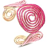RUOFFETA Raffia Spiral Cuff Bracelet for Women, Colorful Swirl Bangle Chunky Bangle Handmade Rattan Statement Bracelet