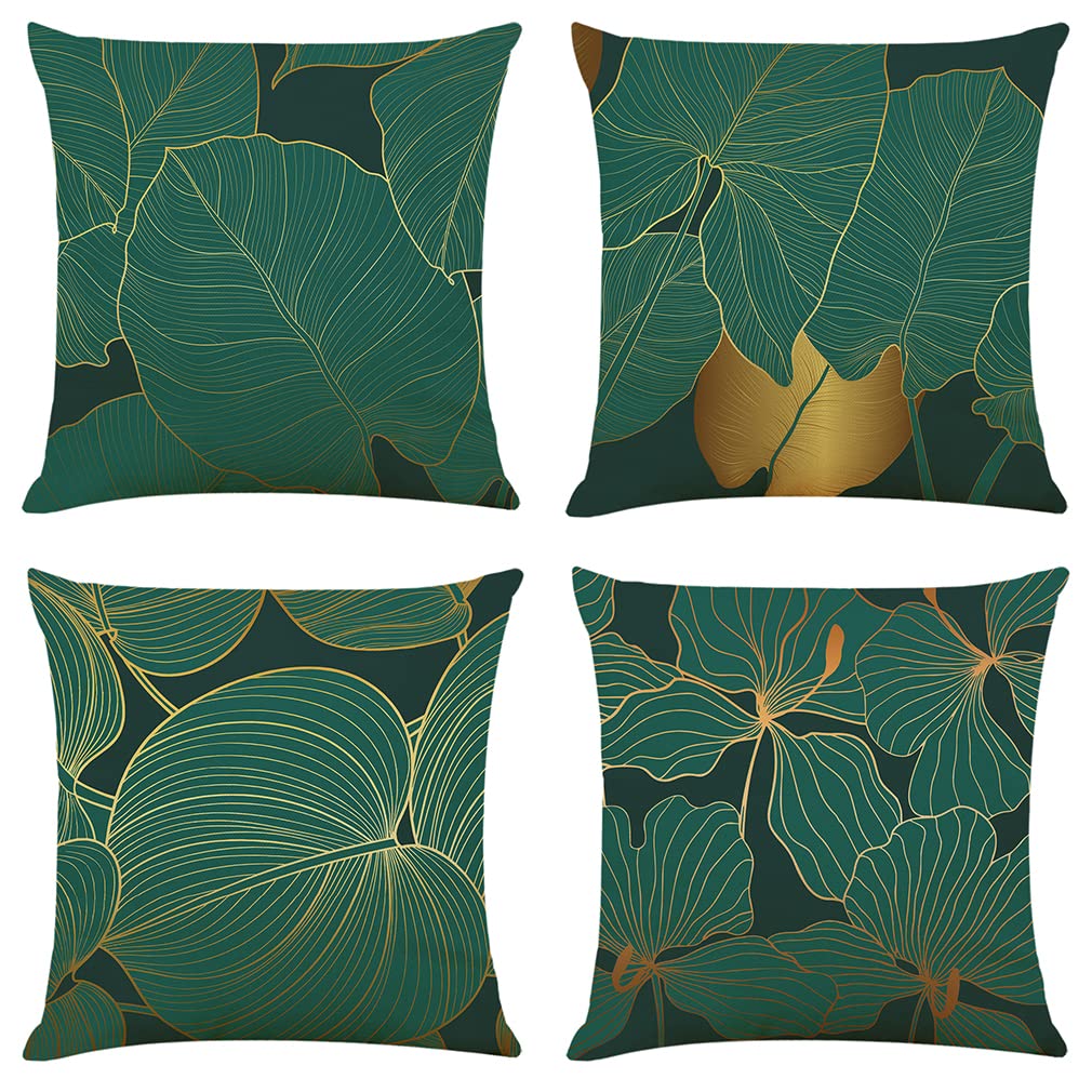 NIULAA Cushion Covers 45 x 45 Set of 4 Dark Green and Gold Leaf Cushion Cover 18x18 Living Room Linen Sofa Cushions Luxury Pillow Cases for Outdoor Garden