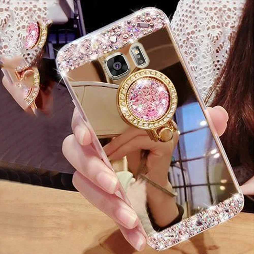 Areall for Samsung Galaxy S7 Case Silicone Mirror, [with Ring Stand Holder] Glitter Luxury Crystal Rhinestone Soft Slim Flexible Rubber Shockproof Makeup Back Cover Bumper for Samsung Galaxy S7-Gold