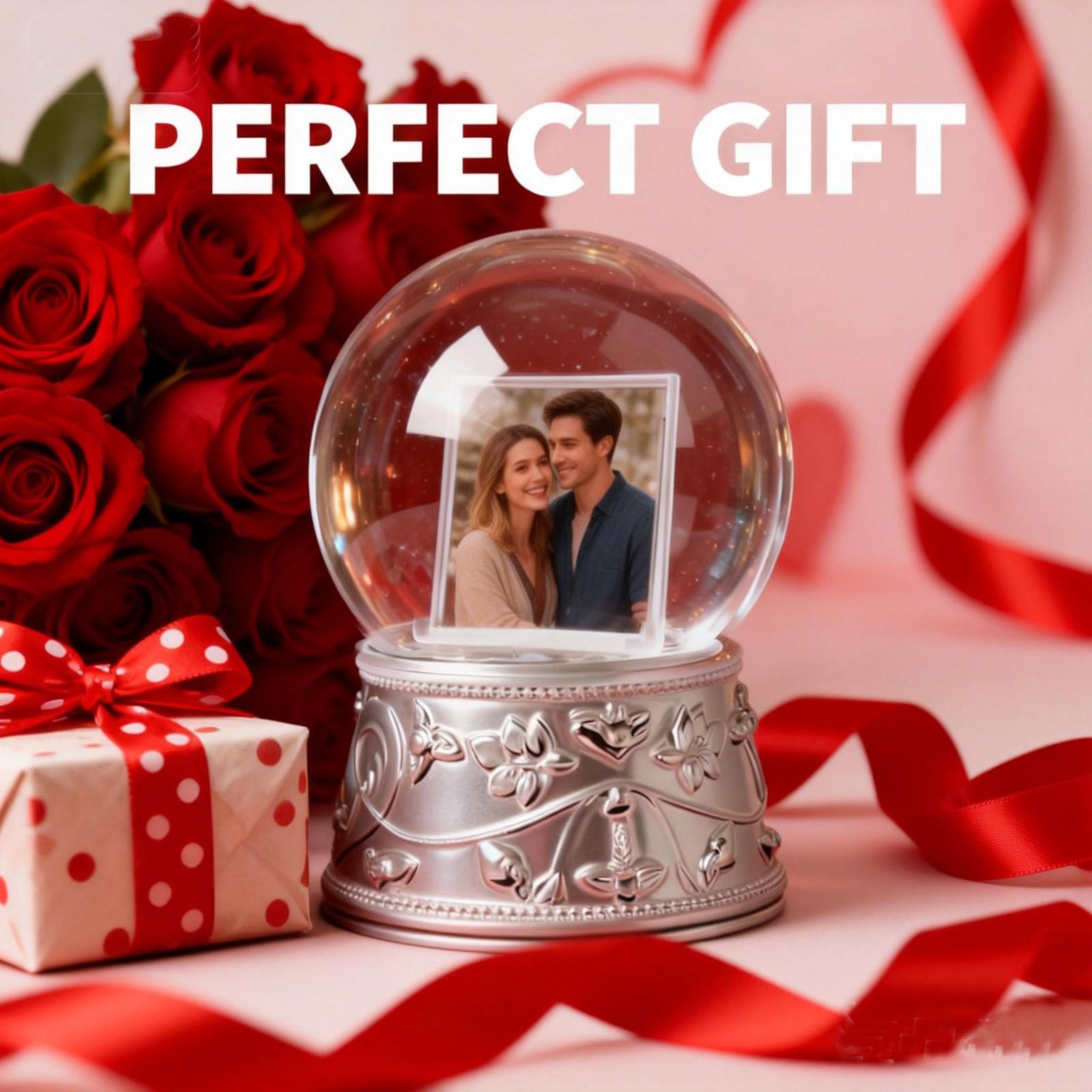Aobaks Valentine's Day Gift Snow Globe with 2 Sided Photo Frame, DIY Large Double Snowglobe with Picture Insert, Clear Resin Base, for Family, Friends, Couples.