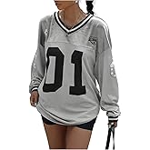 BEAUDRM Women's Jersey Shirts Y2k Oversized T Shirt Number Letter Graphic Long Sleeve V Neck Sports Tee