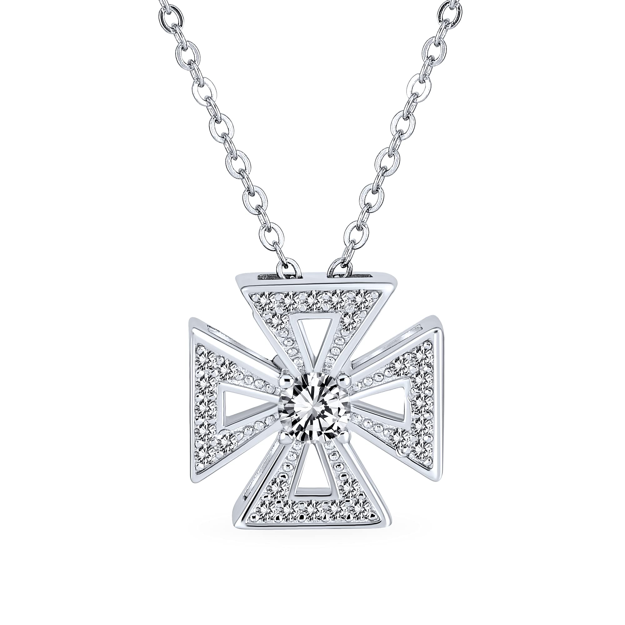Bling Jewelry Pave Cubic Zirconia CZ Ancient Religious Masonic Knight Templar Fleur De Lis Maltese Cross Pendant Necklace For Women Teens .925 Sterling Silver