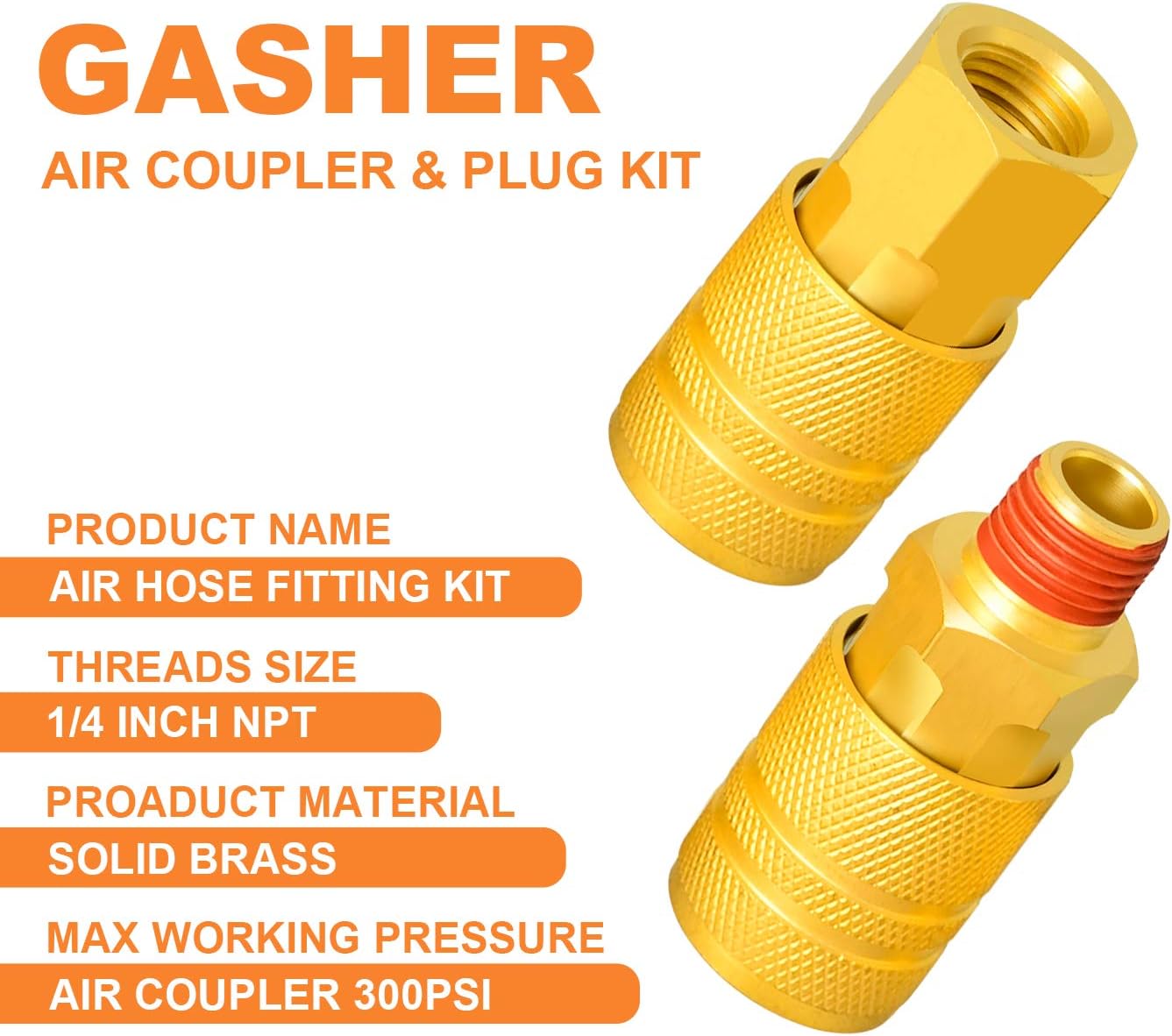 Gasher 19 Pieces Air Coupler and Plug Kit, Solid Brass Quick Connector Set 1/4-Inch NPT Air Hose Fittings, Air Plug, Air Coupler, Ball valve and Tee Pipe Fitting with Storage Case - - 