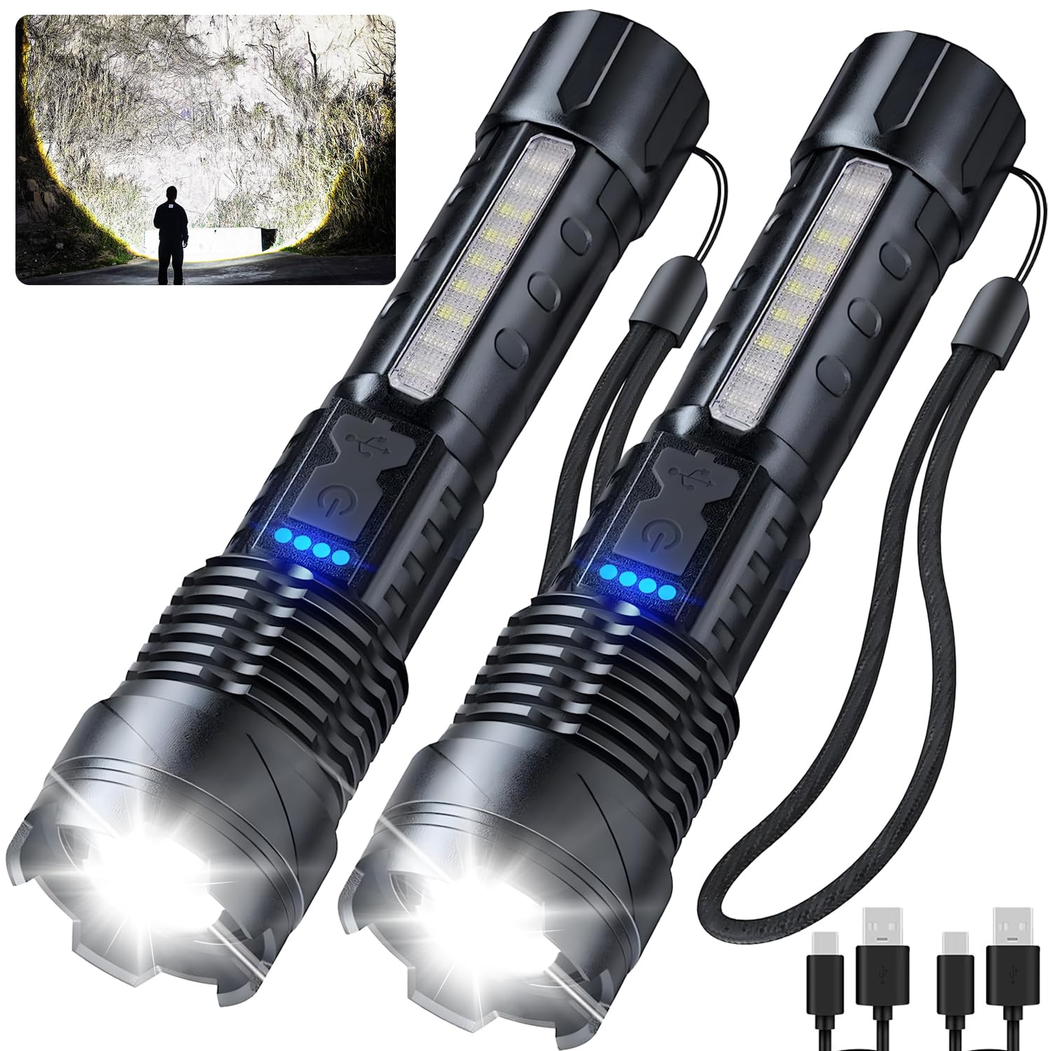 YLUIQDZL Rechargeable LED Flashlight 2 Pack,90000 High Lumens Tactical Flashlights with 7 Modes,Waterproof Zoomable Handheld Flash Light with COB Work Light for Emergencies,Camping,Home