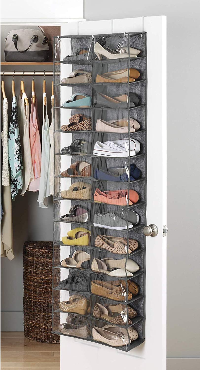 hanging shoe holder on Beeiee Hanging Shoe Shelves Closet Organizer 26 Pockets Over The Door Shoe Organizer Black 63 X 22 X 6 3 Crystal Clear Pvc Shoe Rack Door Shelf Hanger Holder Storage Bag Shoe Organizers