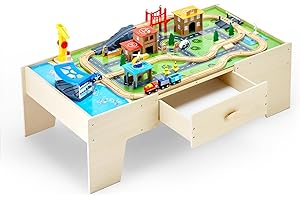 VEVOR Train Table, 62 Multicolor Pieces Wooden Kids Activity Table with Large Storage Drawer, 3-in-1 Wooden Train Set for Playing, Drawing, Reading, Eating, Creative Toy Set for Kids Ages 3+