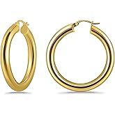 Hoops & Loops 925 Sterling Silver 4mm Thick High Polished Circle Click-Top Hoop Earrings for Women, Sterling Silver, Yellow & Rose Gold Flash Plated 15mm-50mm