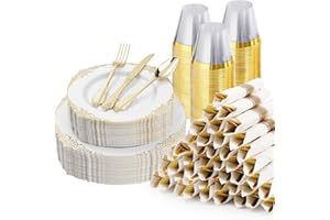 Bestluck 350PCS Gold Plastic Plates for 50 Guests, Disposable Dinnerware Sets Include 100 Gold Rim Plastic Plates, 50 Silverwares, 50 Cups, and 50 Pre Rolled Napkins for Party, Wedding, Graduation