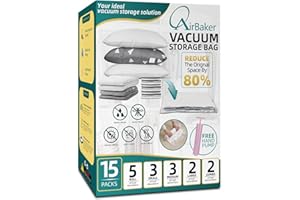 AirBaker Vacuum Storage Bags 15 Pack Space Saver for Clothes Blankets Clothing Traveling Comforters Mattress Vacuum Sealer Bag with Travel Pump (2XL+2L+3M+3S+5ROLL)