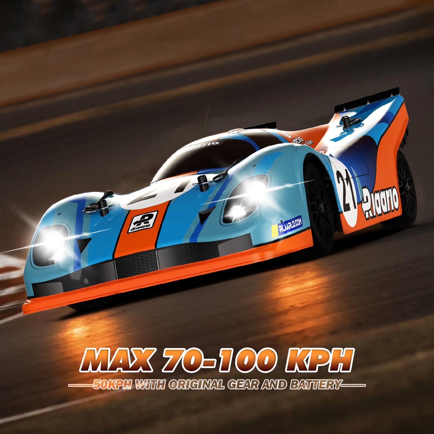 AMORIL 1/10 Fast RC Cars for Adults, Top Speed 60 KM/H On-Road RTR Supercar AK-917 with 80A Brushed ESC,550 13T Motor and 1 * 3300 mah Battery, Cyan&Orange