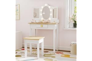 labebe Kids Vanity, Girls Vanity Desk with LED Changing Lights, Pretend Play Princess Vanity Set, Wooden Toddler Makeup Desk Dressing Table with Drawer and Chair (White)