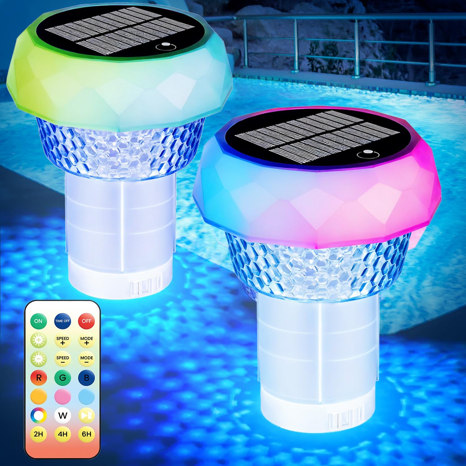 Photo 1 of BEMTTALY Pool Solar Chlorine Tablet Floater, Spa Hot Tub Chlorine Floater Dispenser 3 inch Tablets, IP68 Waterproof Solar Floating Pool Lights with Remote Control and Adjustable Lighting, Set of 2