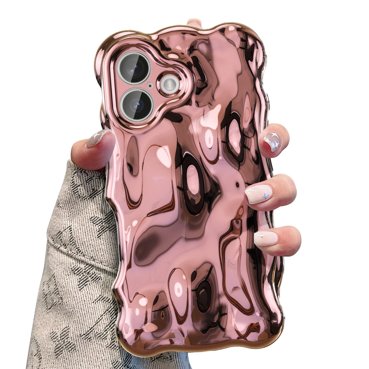 UEEBAI Case for iPhone 16, Cute Solid Color Curly Wave Shape Shockproof Soft TPU Bumper Phone Case, Candy Water Ripple 3D Silicone Slim Pretty Case Non-yellowing Cover-Rose Gold