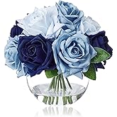 WELL KNOWN Silk Rose Artificial Flowers with Vase Artificial Rose Flower Arrangements in Round Bowl Vase with Faux Water for Home Table Decoration (Bicolor Blue)
