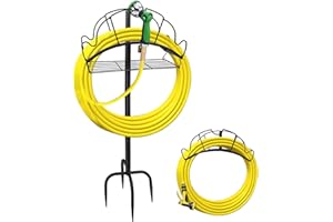 AUHOKY Freestanding Garden Hose Holder 4 Spiky Feet, Heavy Duty Deatachable Outdoor Garden Hose Holder Stand with Tools Storage Basket, Decorative Water Pipe Reel Organizer for Yard Lawn Patio (Iron)