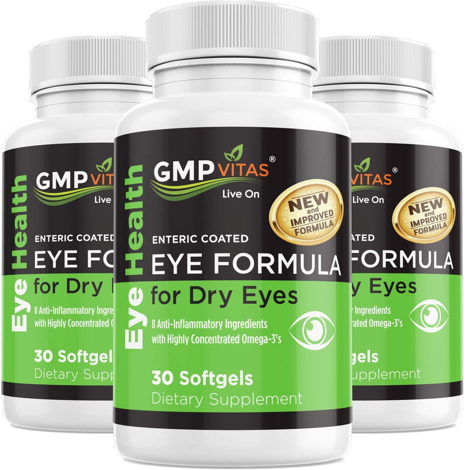 GMPVitas Enteric Coated Eye Vitamin Formula- High Potency Omega-3 Supplement with Lutein, Astaxanthin Hyaluronic Acid, Vitamin C and E