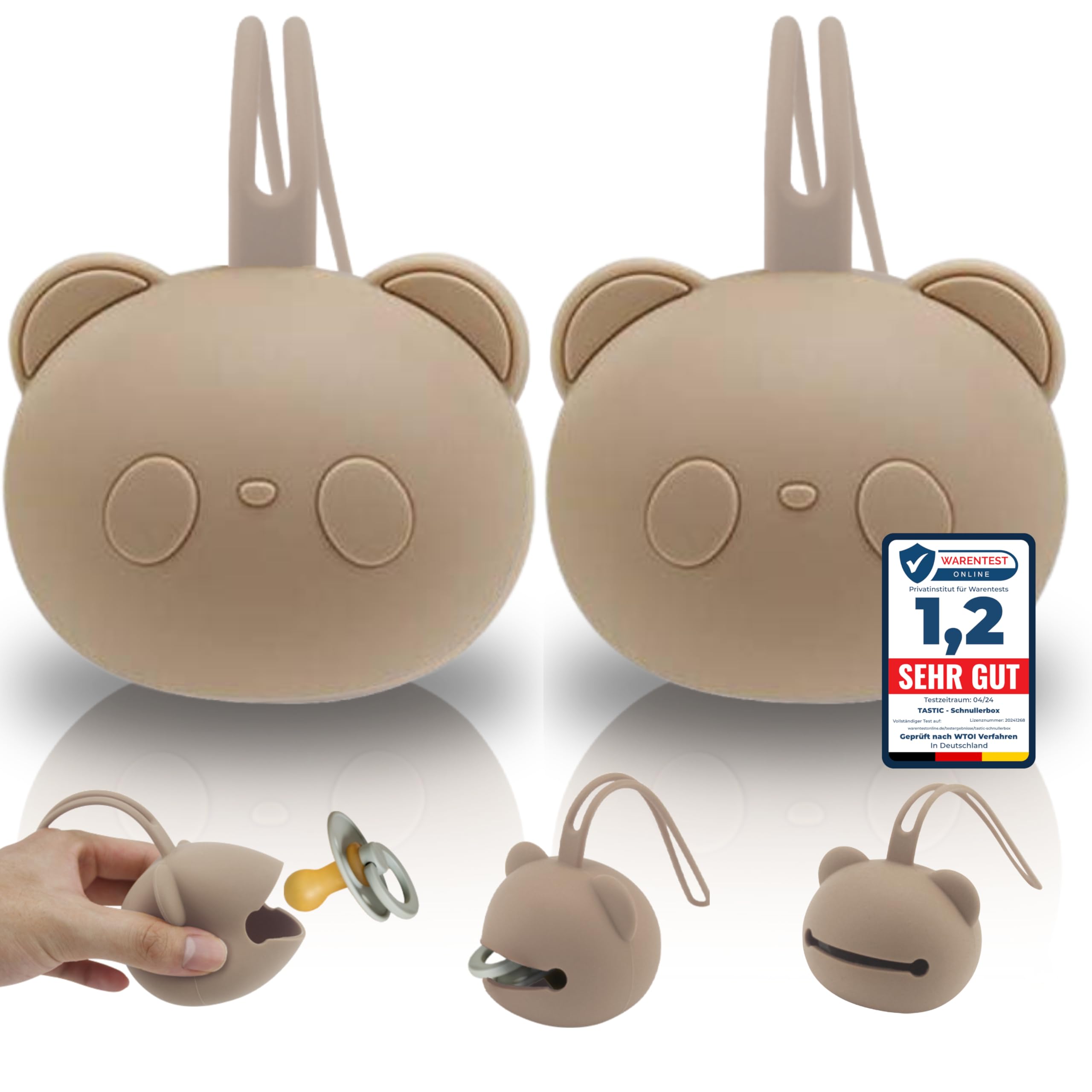 Tastic Baby Dummy Box - 2 x Silicone Dummy Boxes for On the Go in Panda Shape - Dummy Storage BPA Free - Box Versatile and Easy to Clean Beige + Beige