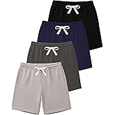 Real Essentials 4 Pack: Boys' Cotton French Terry Shorts with Pockets for Kids Teens Youth - Sleep Casual Lounge (4-18)