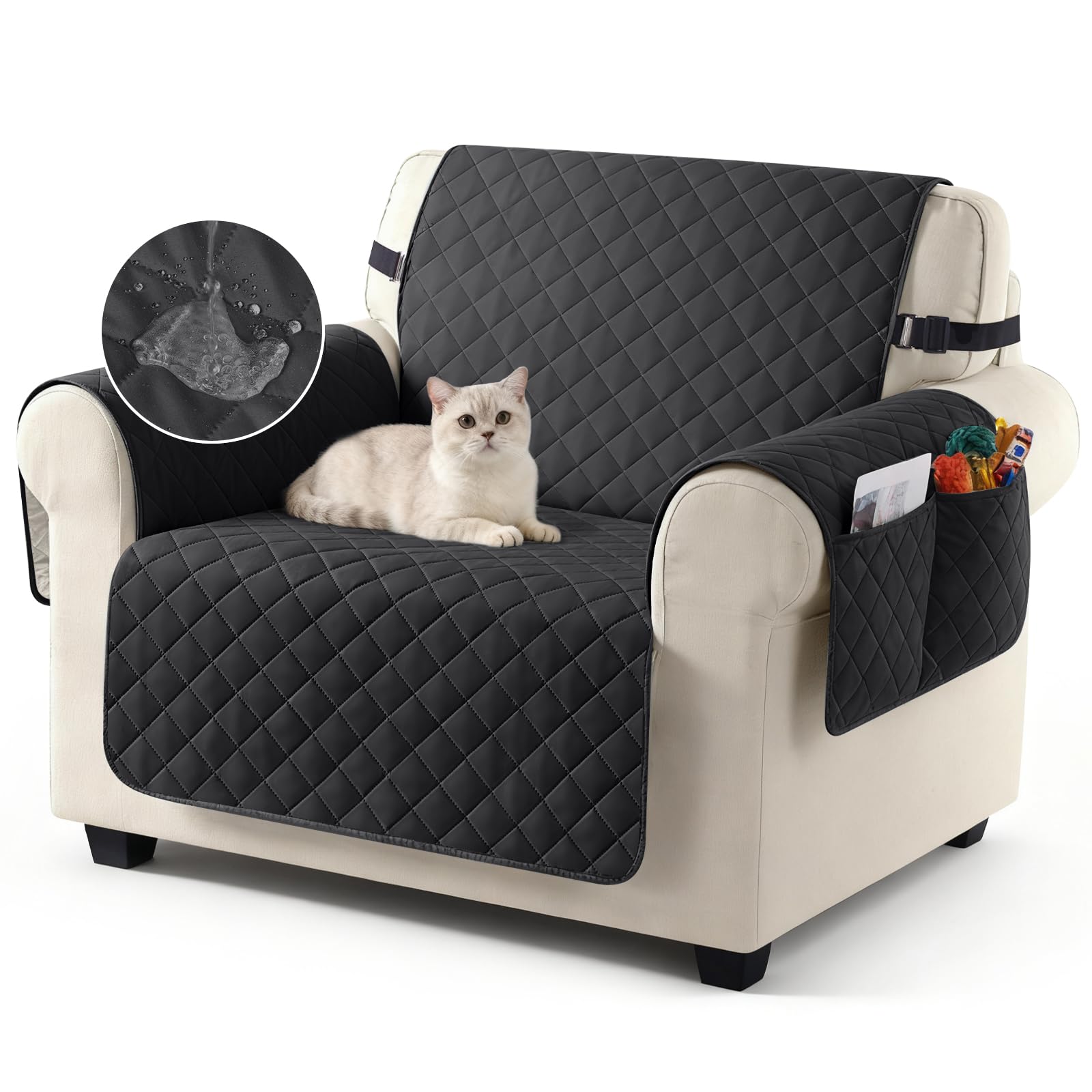 TAOCOCO Sofa Covers 100% Waterproof Sofa Slipcovers 1 Seater,Settee Covers with Storage Pockets,Non Slip Couch Covers,Washable Sofa Protector for Kids/Dogs/Pets(Black)