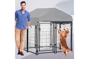 DKELI Dog Crate Dog Kennel Cage Outdoor Welded Wire Dog Playpen Heavy Duty Pet Exercise Pen with UV Protection Waterproof Cover and Roof Galvanized Metal Animal Kennel for Large Dogs, Black