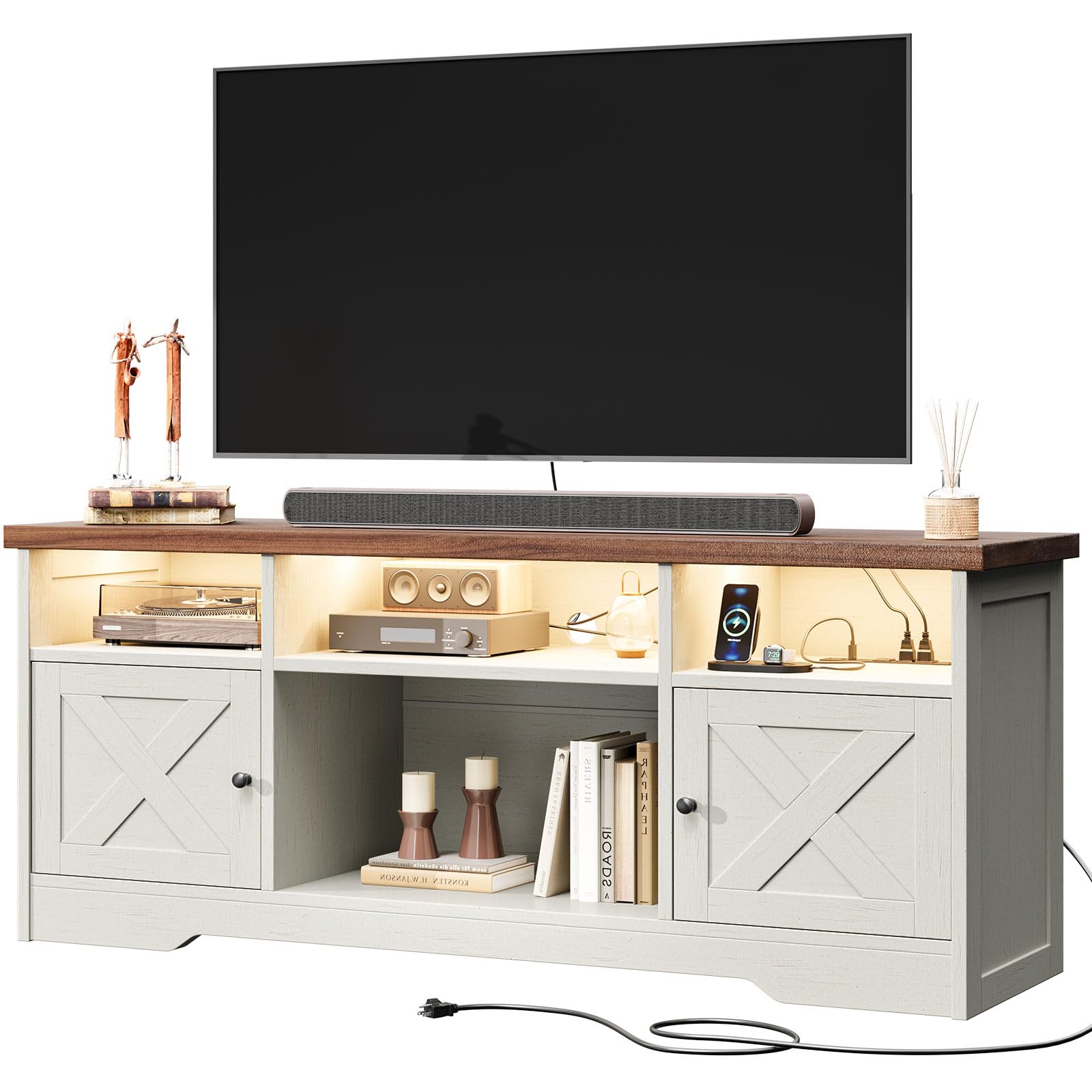 Casaottima TV Stand Farmhouse Entertainment Center with Power Outlet Storage Cabinets, Console Table for Living Room, White & Walnut