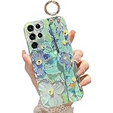 Annyojo for Samsung Galaxy S22 Ultra Case, S22 Ultra Case for Elegant Cute Flower Petals with Wrist Band Kickstand Ultra Slim IMD Soft TPU Shockproof Protection Holder Cover for S22 Ultra