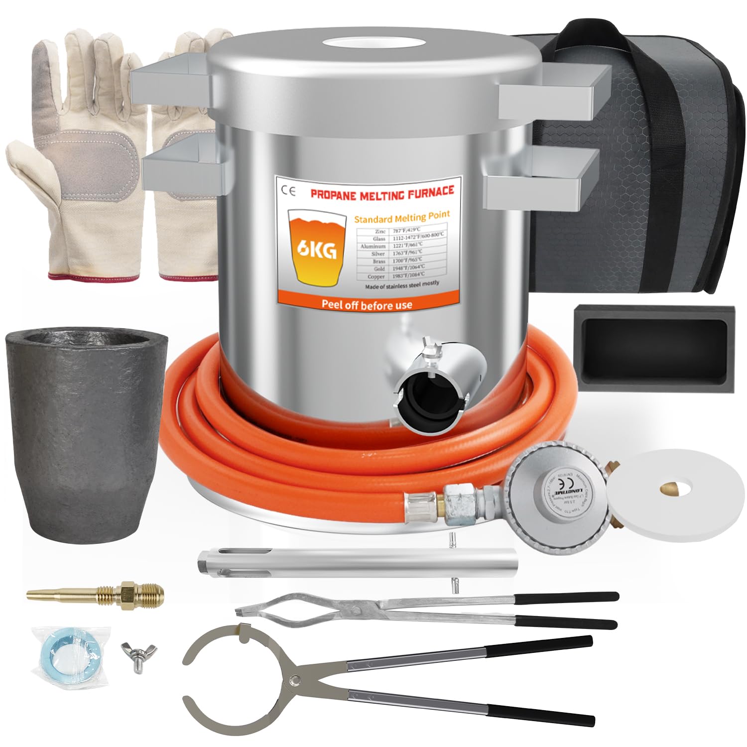 ILOKNZI 6kg Propane Melting Furnace Kits, Up to 1400℃, Made of Stainless Steel Barrel, Smelt Metal, with Graphite Crucible, Ingot Mold and High Temperature Gloves