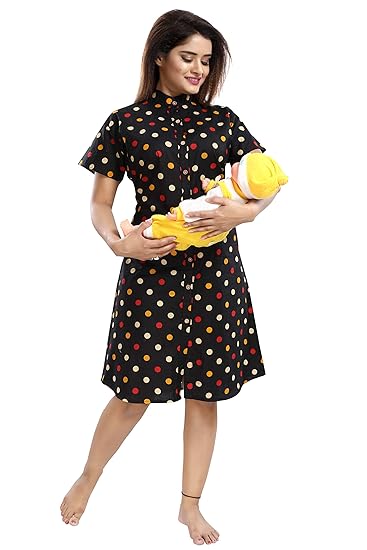 Cotton Fabric Women's Feeding/Maternity Nighty with Full Open Shirt Style Knee Length Nighty