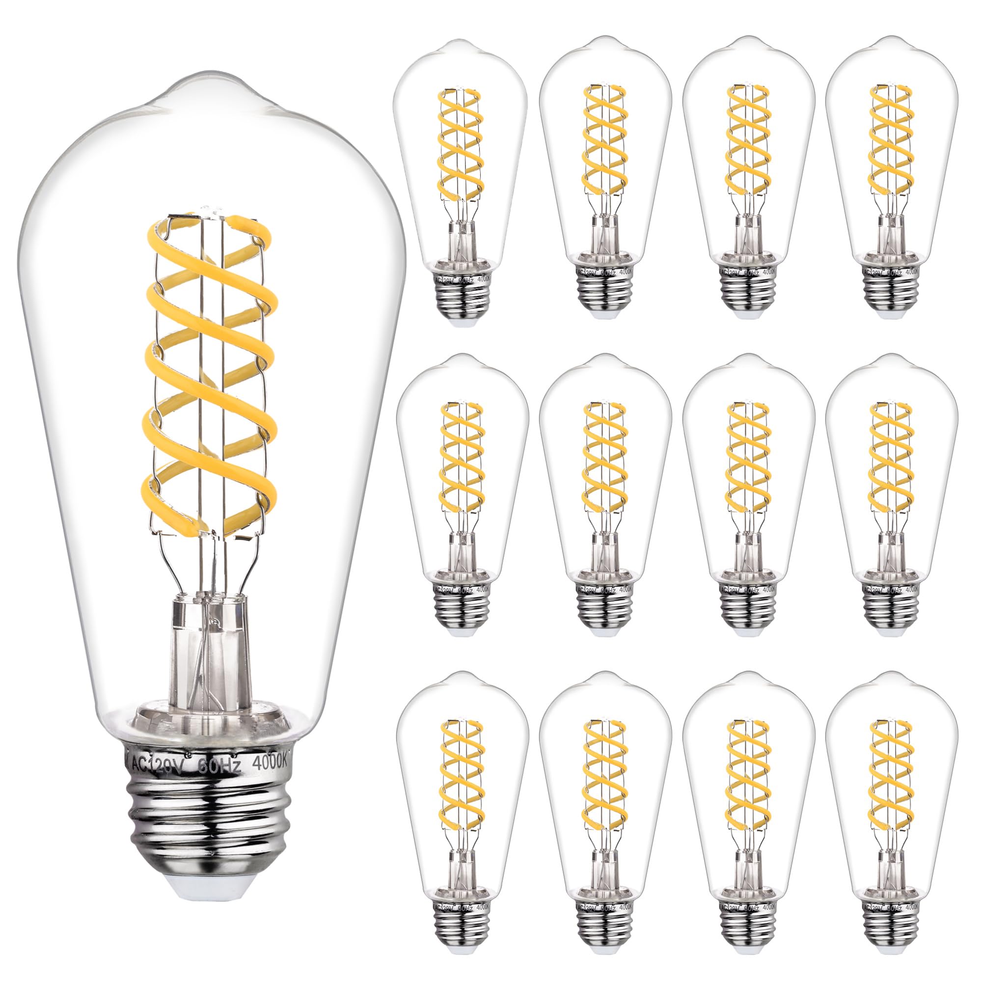 Austin Coast 12 PCS Dimmable Vintage LED Edison Bulbs, 6W Equivalent 60 Watt, Natural White 4000K, Antique Flexible Spiral LED Filament Light Bulb, ST58 (ST19), 600 Lumens, E26 Base, Clear Plastic Image