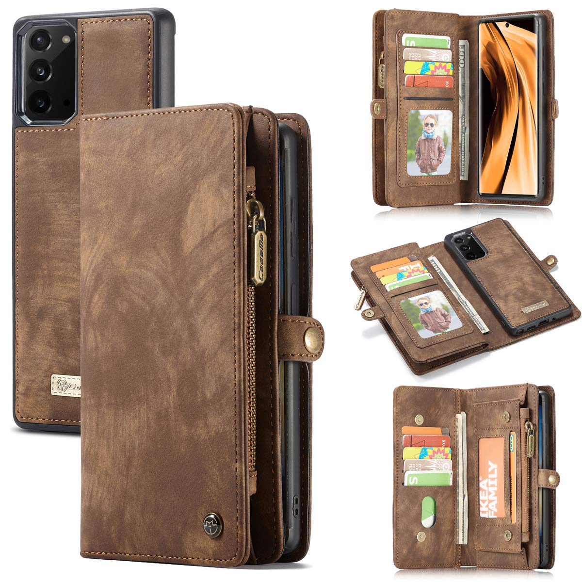 Foluu for Galaxy Note 20 Wallet Case, Detachable Leather Wallet Case, Zipper Case 11 Card Slots Holder Flip Purse [Magnetic Closure] Shockproof Pocket Handbag for Samsung Galaxy Note 20 2020 (Brown)