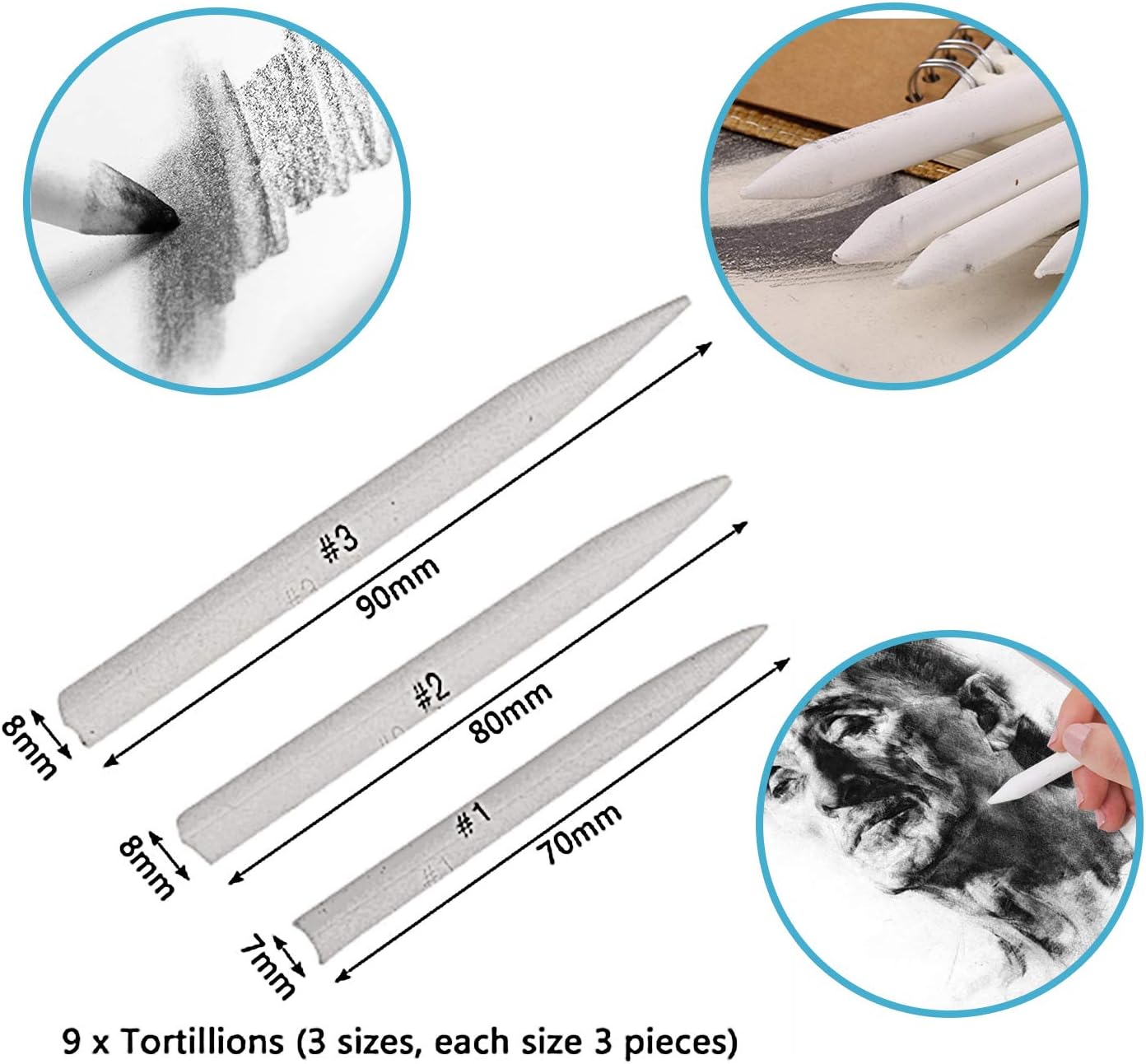 Sketch Drawing Tools, 17 Paper Blending Stump and Tortillions Set with 2 Sandpaper Pencil Sharpeners, 1 Pencil Extension Tool, 2 Erasers & 1 Felt Bag for Student Sketch Drawing Accessories