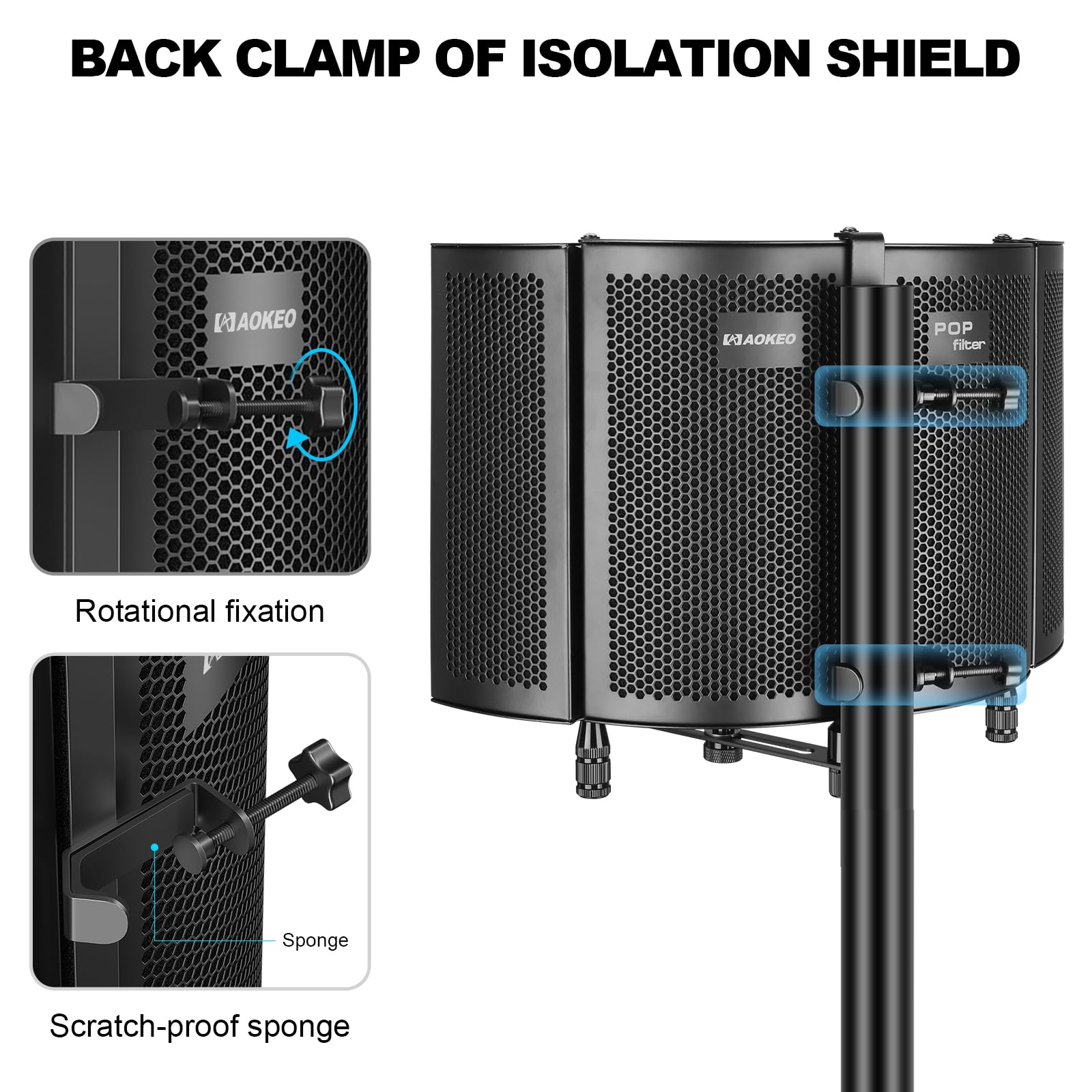 Professional Studio Recording Microphone Isolation Shield, Pop Filter,High density absorbent foam is used to filter vocal. Suitable for Blue Yeti and other condenser microphones (AO-504 With Stand)