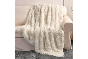 YUSOKI Long Faux Fur Throw Blanket for Sofa Couch,2 Layers,2.1lb,All Ages,Home Decoration, (Cream White,50" x 60")