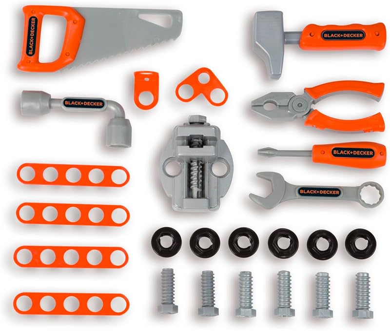 Smoby bancada de trabalho smoby black & decker em maleta, 33 acessórios para martelar, furar e aparafusar (7600360734)