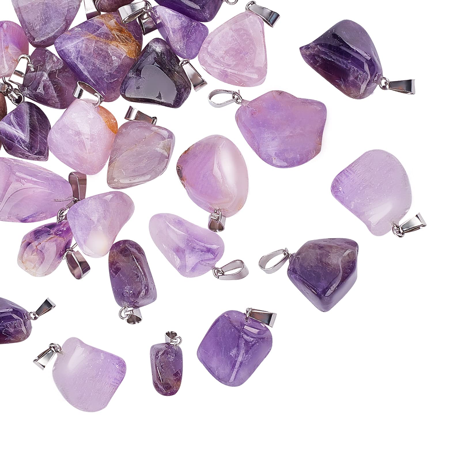 UNICRAFTALE 24pcs Natural Amethyst Pendants with Stainless Steel Snap On Bails Gemstone Pendant Quartz Charms Large Hole Pendant for Women DIY Necklaces Jewelry Making, Hole 3x7.5mm