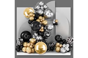 PartyWoo 140 pcs Black and Gold Balloon Arch Kit, Black and Gold Balloons Garland with 4D Marble Balloons, Chrome Metallic Silver Balloons, Star Garland for Birthday Decorations, Retirement Party