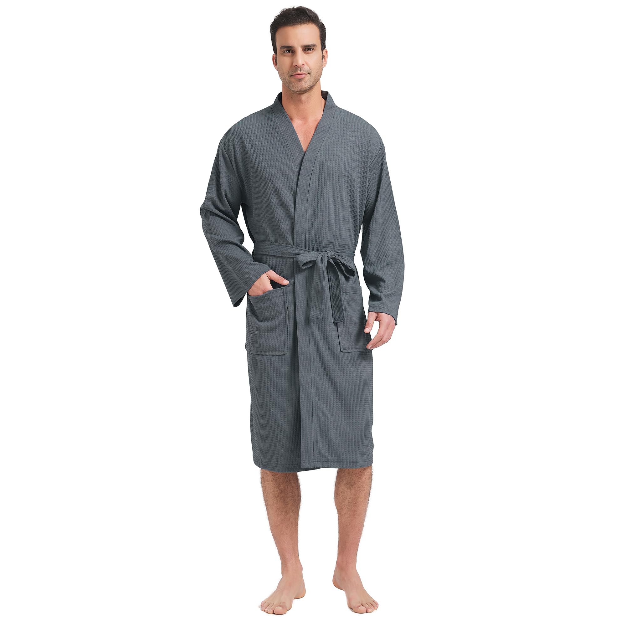 Photo 1 of FashGudim Mens Lightweight Waffle Knit Robe Soft Kimono Spa Bathrobes Knee Length Summer Robes (Light Grey,6XL)