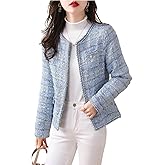 chouyatou Women's Elegant Open Front Tweed Jacket Slim Collarless Bussiness Casual Blazer Jacket